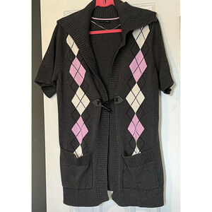 Tommy Hilfiger Womens 1X Cardigan Sweater Argyle Print Toggle Close Short Sleeve